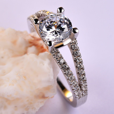White Cubic Zirconia Platinum Over Round Sterling Ring